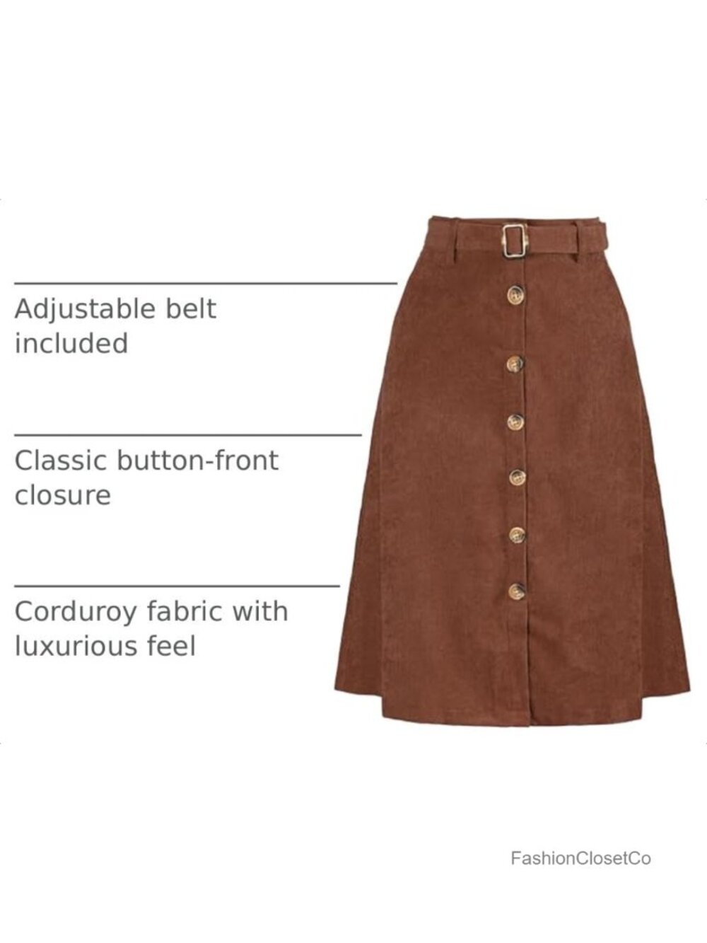 Corduroy A-Line Midi Skirt Button Front High Waist Belted - Picture 3 of 6